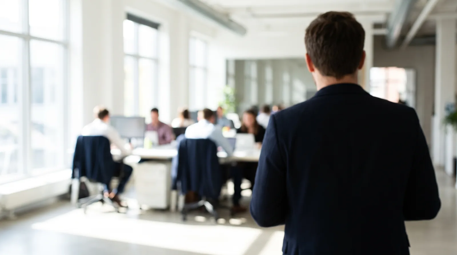 Dirigeant de dos qui observe son équipe travailler en open space, première étape pour apprendre à déléguer