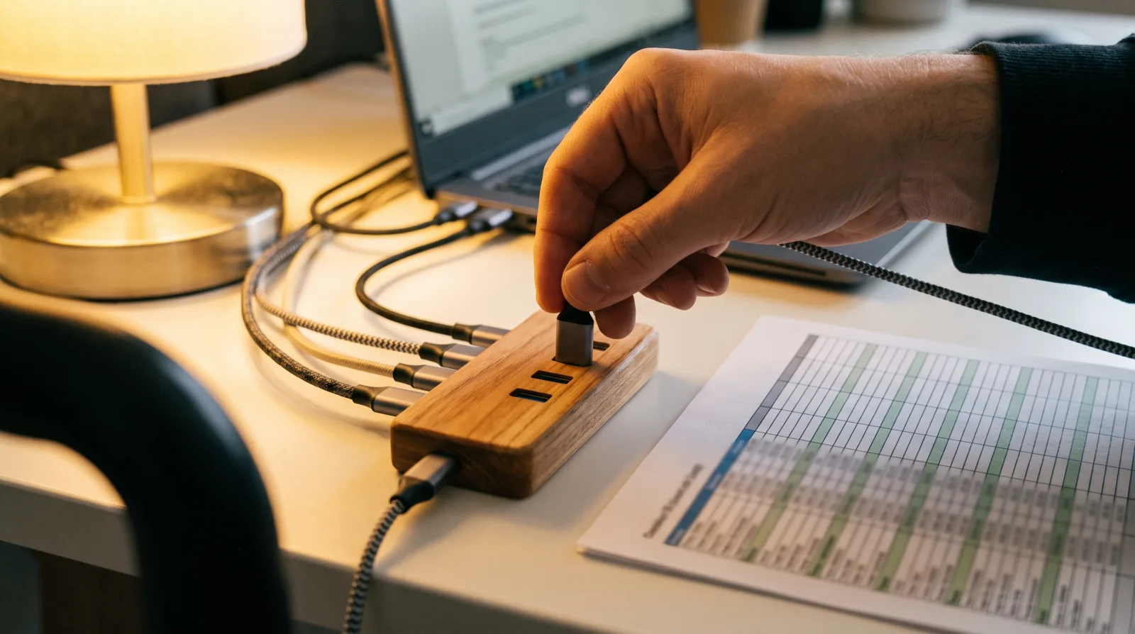Main qui branche un câble sur un concentrateur relié à un portable, image de ChatGPT pour PME connecté aux outils