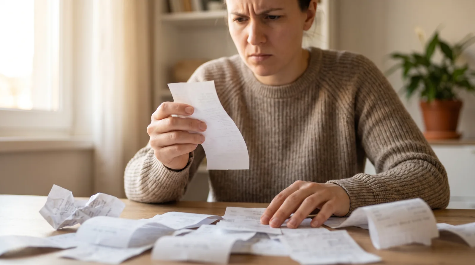 Entrepreneure qui examine des reçus étalés sur la table pour calculer son coût d'acquisition client