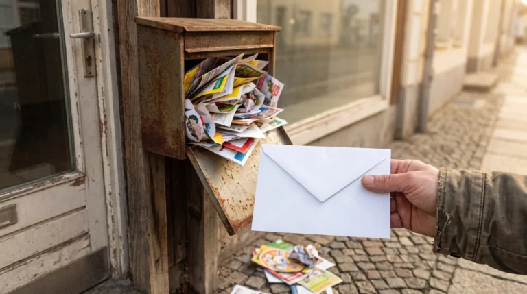 Boîte aux lettres de commerce qui déborde de prospectus, une enveloppe blanche tenue à la main