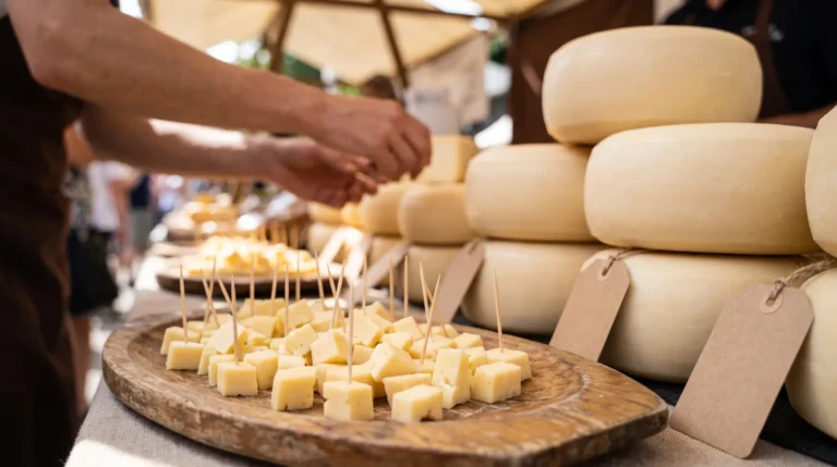 Tray of cheese cubes to sample in front of whole wheels on a market stall