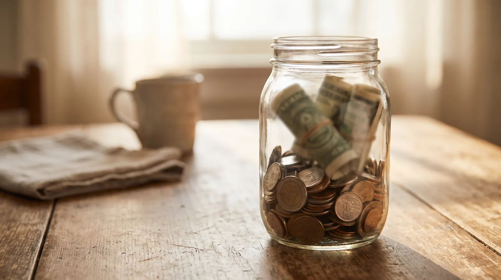 Bocal en verre rempli de pièces et de billets roulés, coussin de sécurité pour gérer sa trésorerie