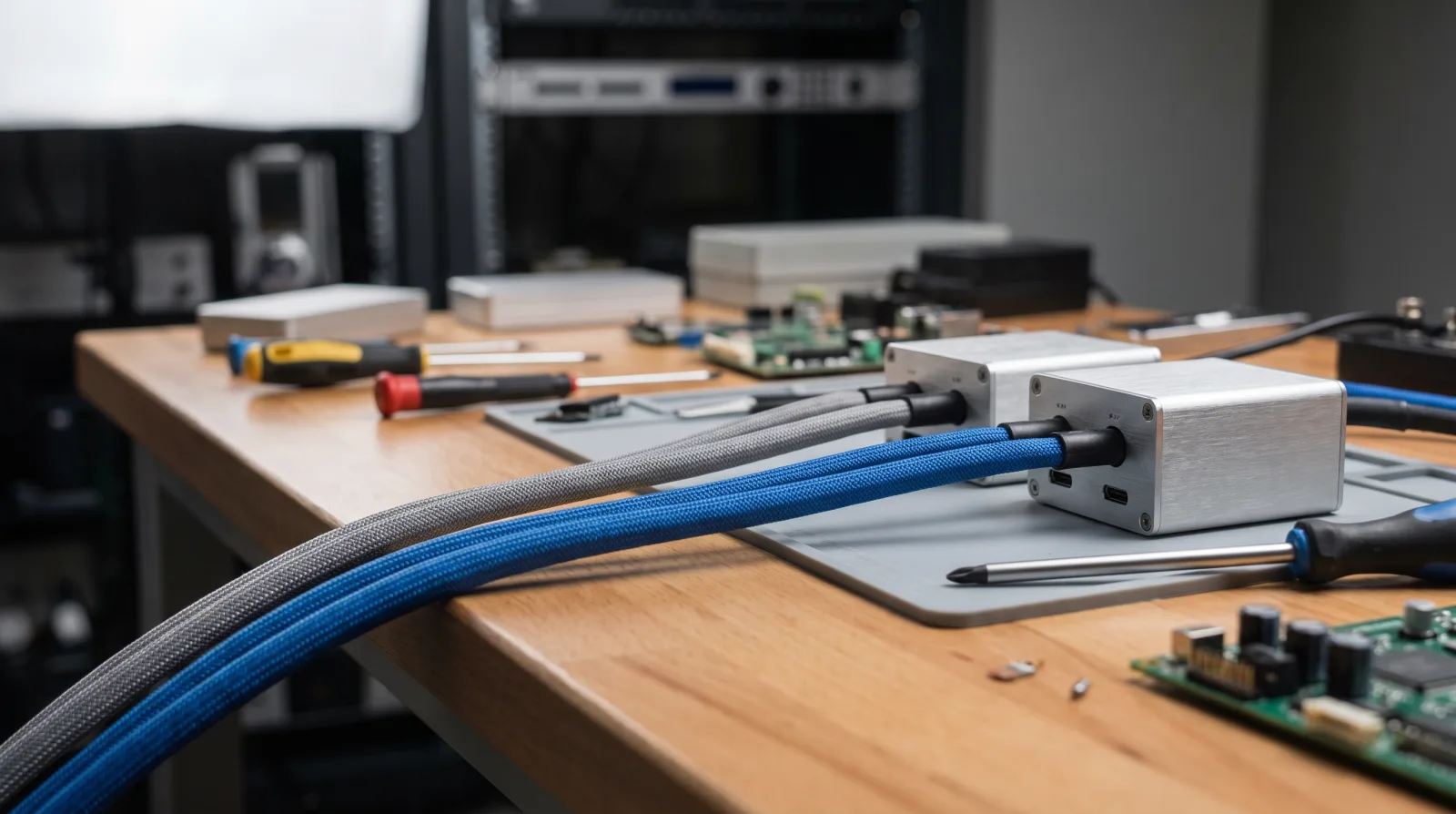 Two braided cables, gray and blue, plugged into two separate metal boxes on a tech bench, illustrating make vs n8n