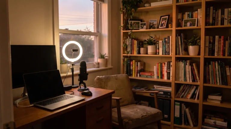Petit studio maison avec portable, anneau lumineux et micro devant une bibliothèque