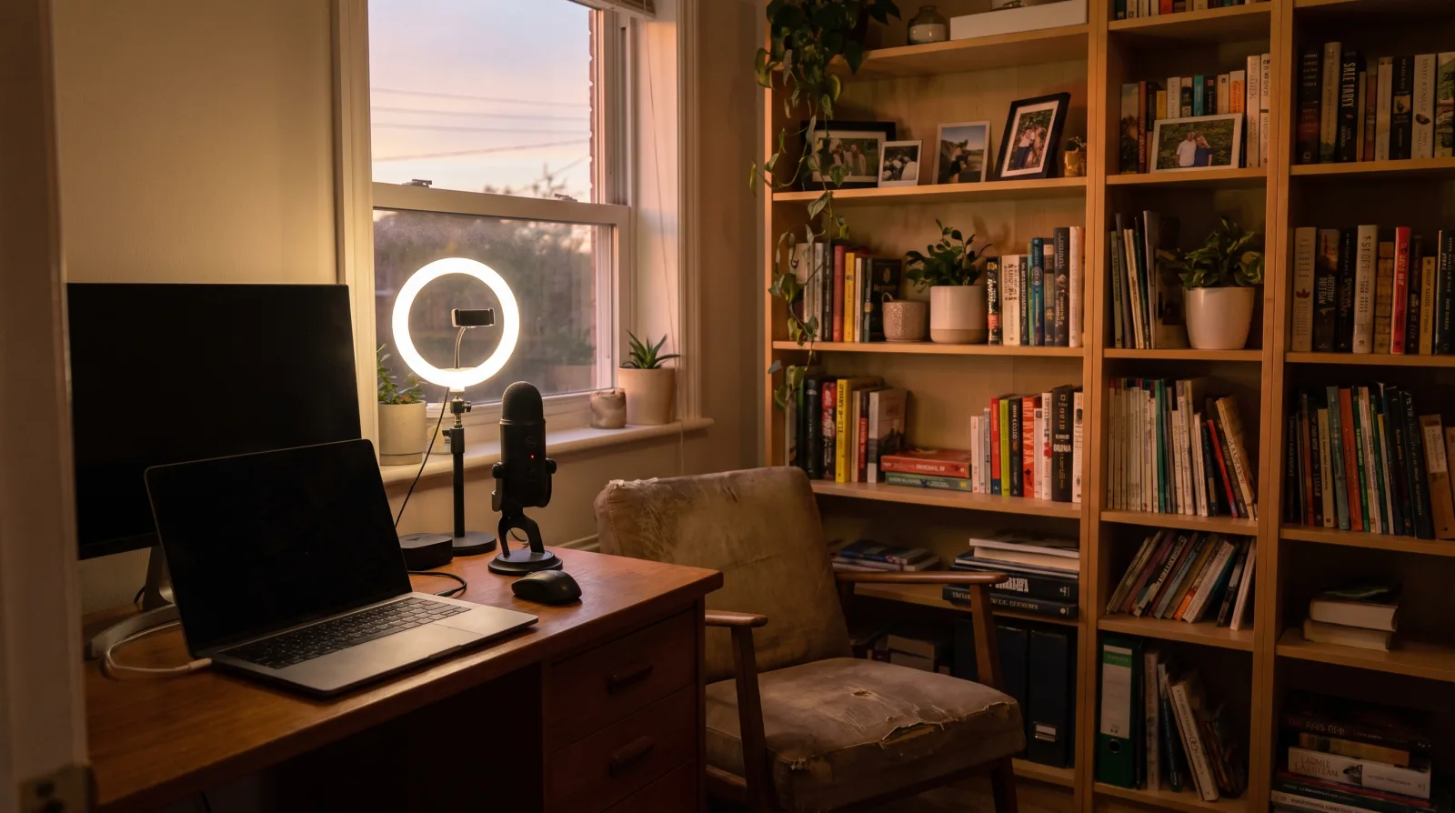Petit studio maison avec portable, anneau lumineux et micro devant une bibliothèque