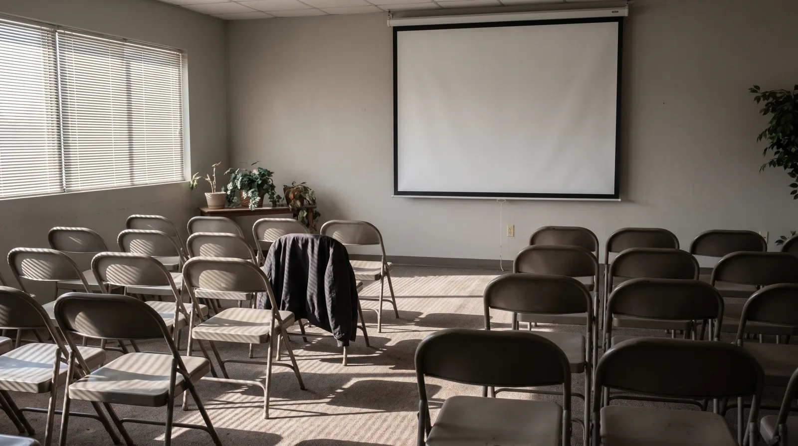 Rangées de chaises pliantes vides face à un écran de projection blanc, image de ce qui arrive quand on oublie de rappeler avant d'organiser un webinaire