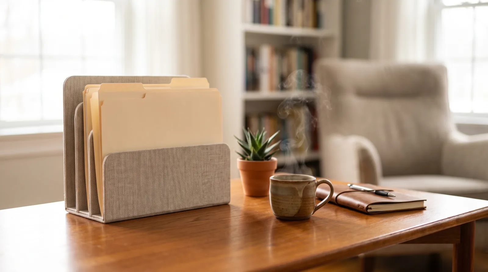 Tidy desk with a file sorter, a coffee mug, and a notebook, the result of a method to organize your inbox
