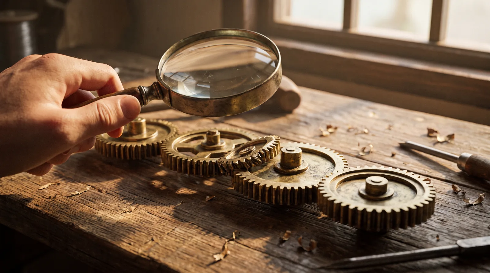 Magnifying glass held over a row of brass gears with one out of line, an image of a process audit