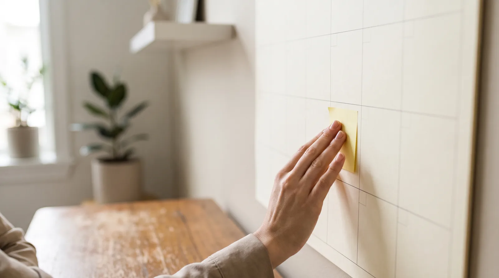 Main qui colle une note adhésive sur un calendrier mural pour planifier une relance commerciale