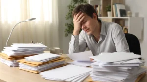 Entrepreneur débordé, la tête dans la main, devant des piles d'enveloppes et de papiers