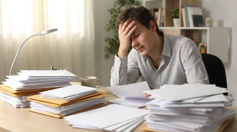 Entrepreneur débordé, la tête dans la main, devant des piles d'enveloppes et de papiers