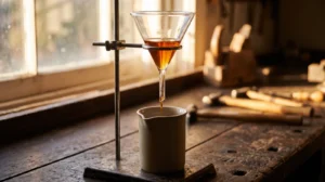 Entonnoir en verre qui laisse couler un liquide ambré dans un pot sur un établi en bois