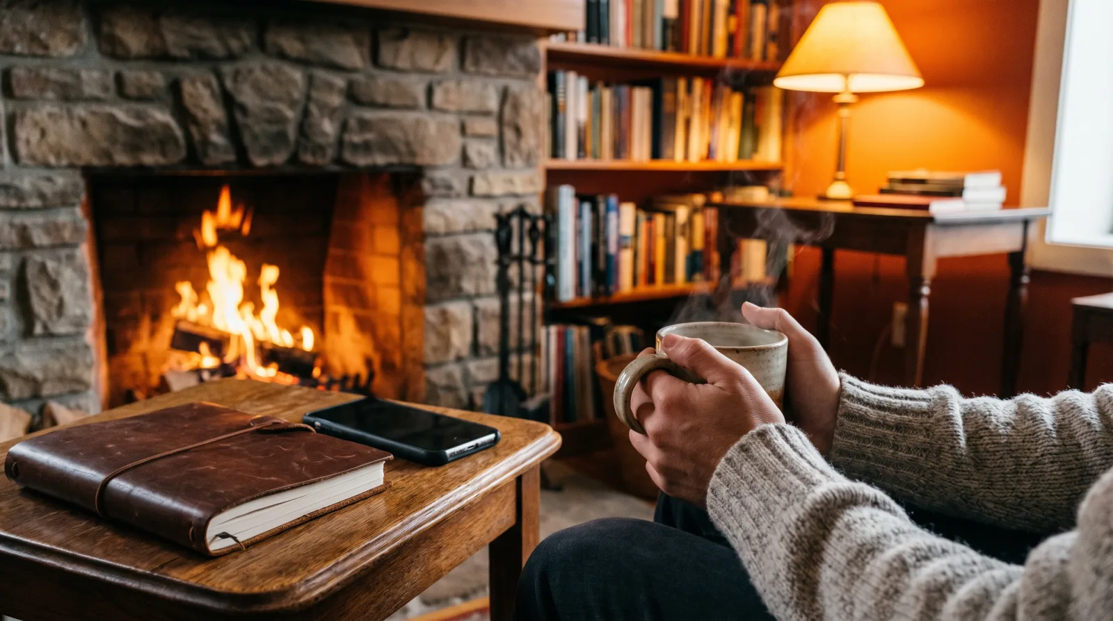 Hands warming a cup in front of a fireplace, the image of warm leads you keep warm