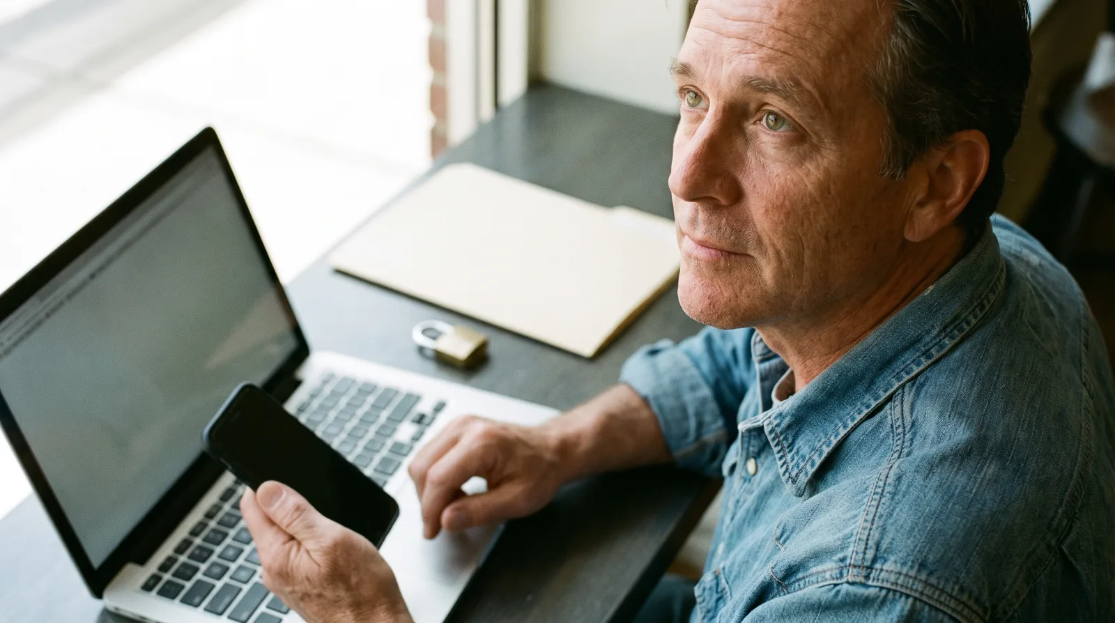 AI data privacy: owner thinking it over in front of his computer and phone